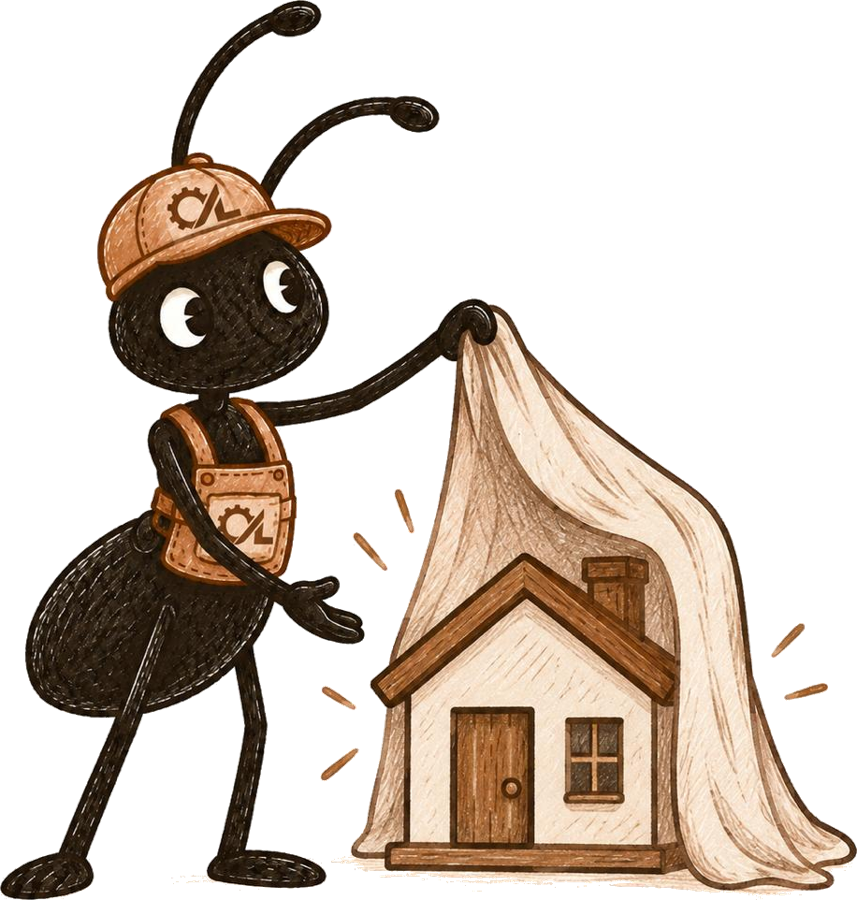 OOP pulling back a cover to reveal a small house