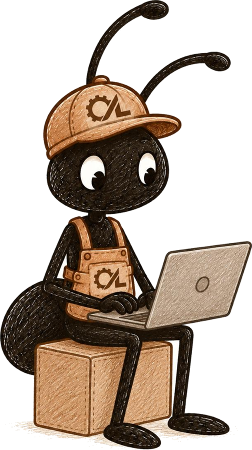 OOP, The Ops Lab mascot, working on a laptop